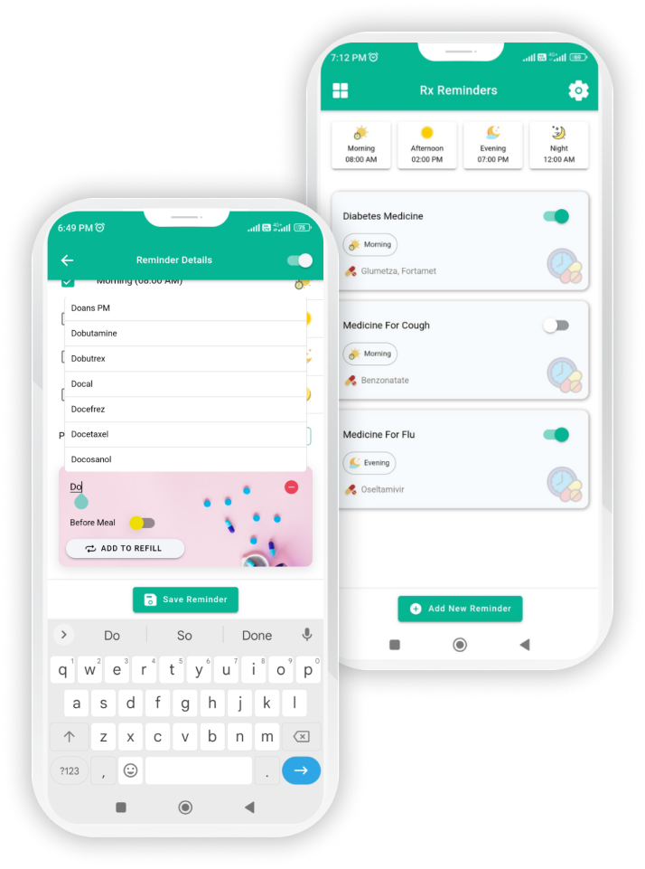 The screenshots display the RX Reminders feature in the Pharmboost patient mobile app. While adding an RX reminder, users will get a list of suggested medicines for their ease of use.